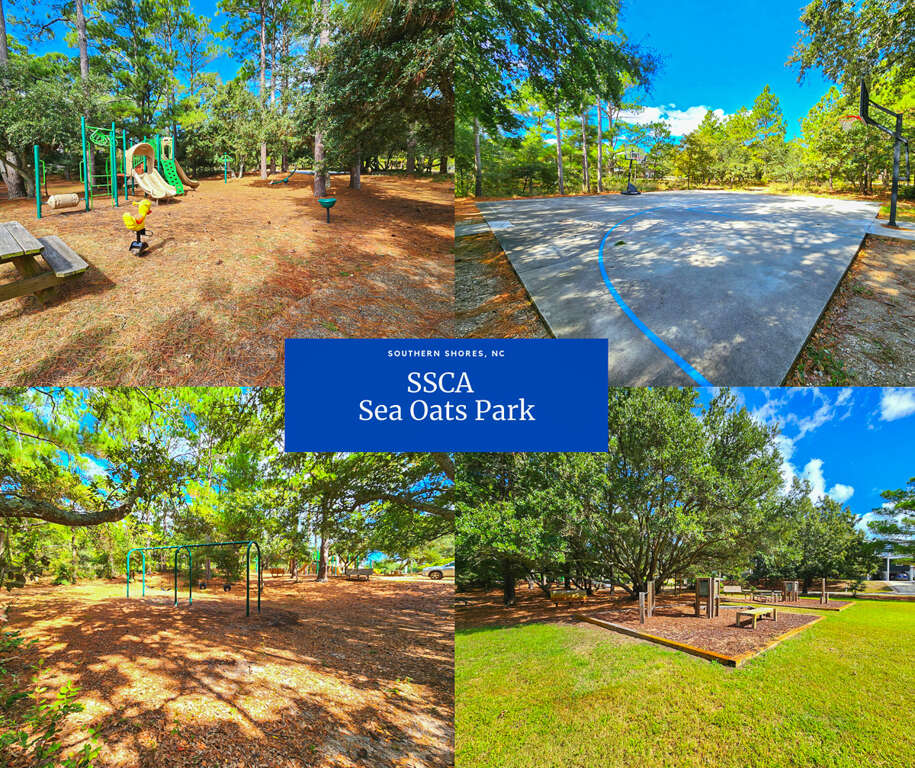 Sea Oats Park playground, slides, swings, picnic tables, and basketball half court